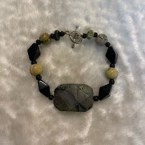 🍀Green Jasper Stone & Black Onyx Silver Toggle Bracelet